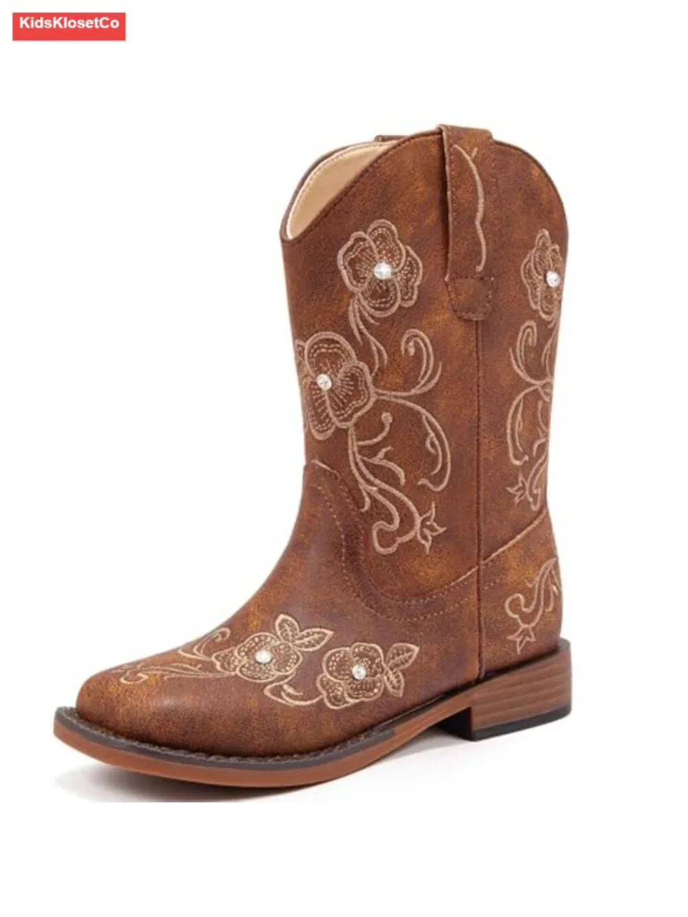 Girls Cowboy Boots Floral Embroidery Rhinestone Side Zipper Mid Calf Square Toe